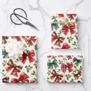 Rot Grün Retro Karo-Schleifen Weihnachten Geschenkpapier Set