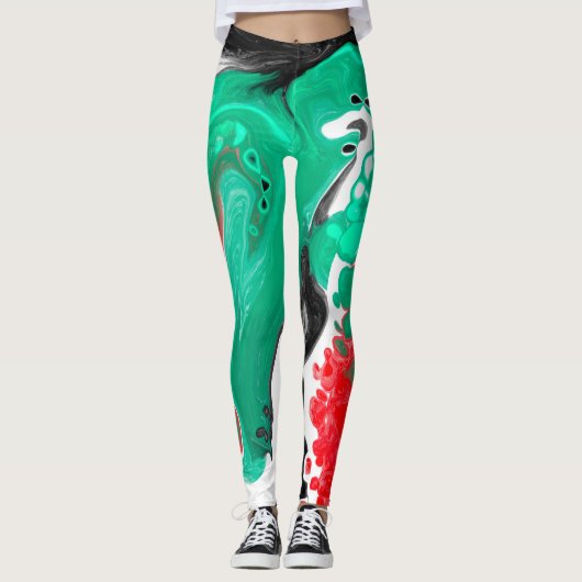 Rot, Grün, Schwarz und Weiß-Marmorfliesen Kunst Leggings (Vorderseite)