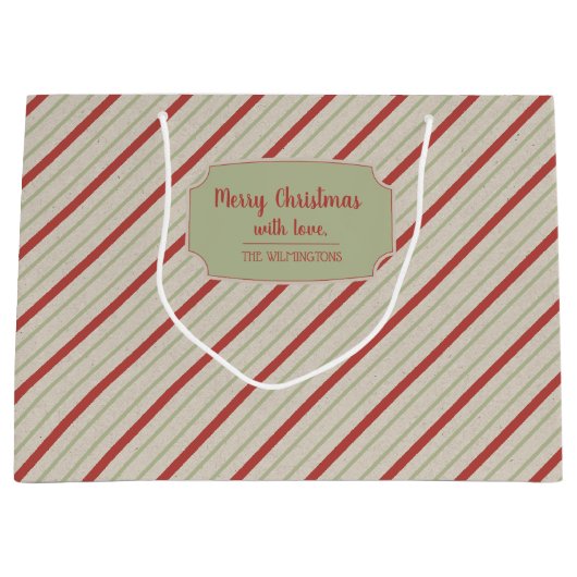 Rot, Grün und Beige Streifen Große Geschenktasche Geschenktüte (Vorderseite)