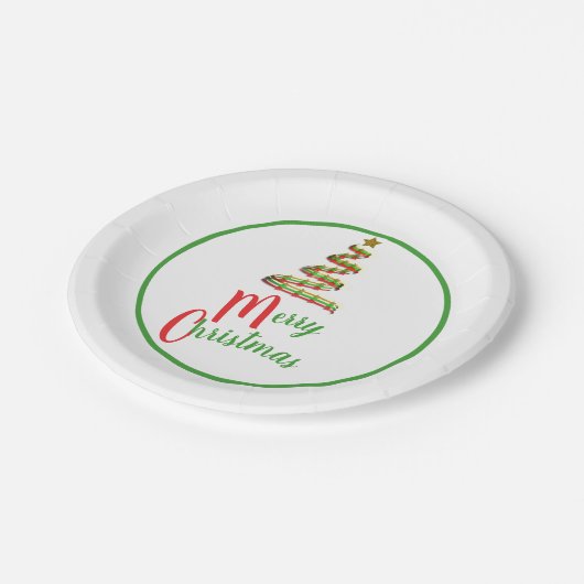 Rot, Grün und Gold Kunst Frohe Weihnachtsbaum Pappteller (Schrägansicht)