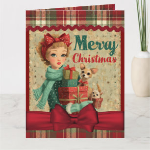 Rot Grün Weihnachts-Tartan Vintage Mädchen mit Hun Karte