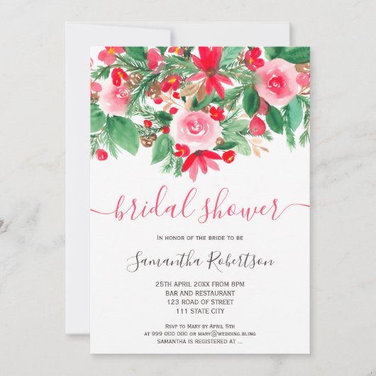 Rot-Grün-Winterblumenwasser-Brautparty Einladung (Vorderseite)