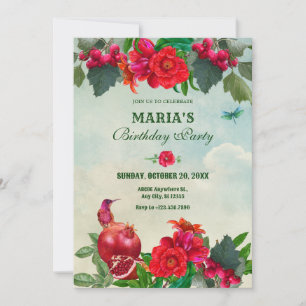 Rot Grüne Blumen Vogel Retro Vintage  Einladung