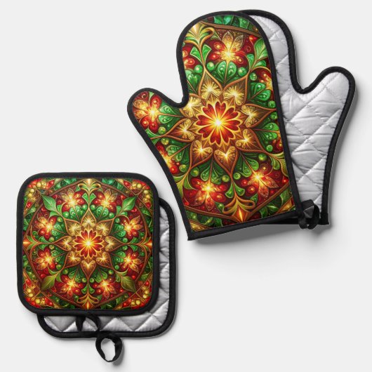 Rot-grüne Dekoration Ofenhandschuh & Topflappen-Set (Vorderseite/Rückseite)