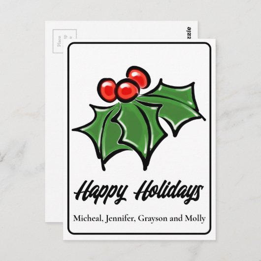 Rot grüne Holly-Blätter Holly-Beeren Postkarte (Vorne/Hinten)