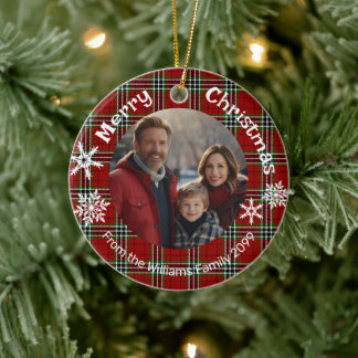 Rot grüne karierte Foto-Schneeflocken Keramik Ornament