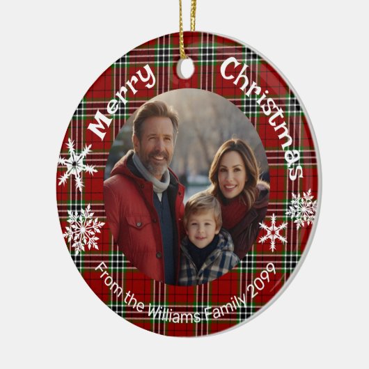 Rot grüne karierte Foto-Schneeflocken Keramik Ornament (Links)