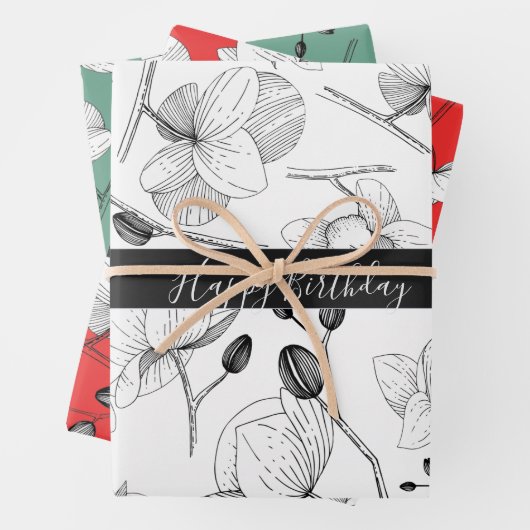 Rot-grüne Orchidee mit elegantem Blumenmuster Geschenkpapier Set (Beispiel)