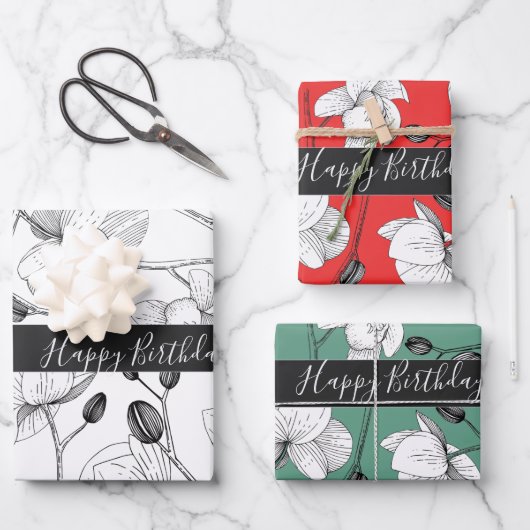 Rot-grüne Orchidee mit elegantem Blumenmuster Geschenkpapier Set (Vorderseite)