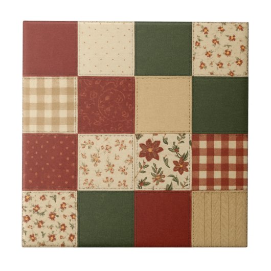 Rot-grüne Patchwork-Quiltdecke Rustikales Farmhaus Fliese (Vorderseite)