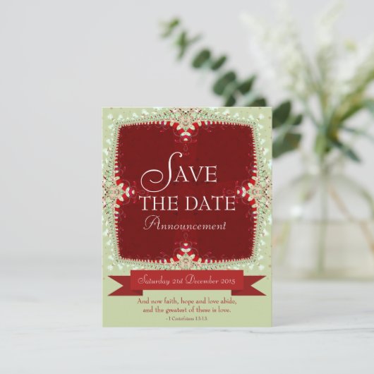 Rot + Grüne Spitzen Save the Date Einladung (Stehend Vorderseite)