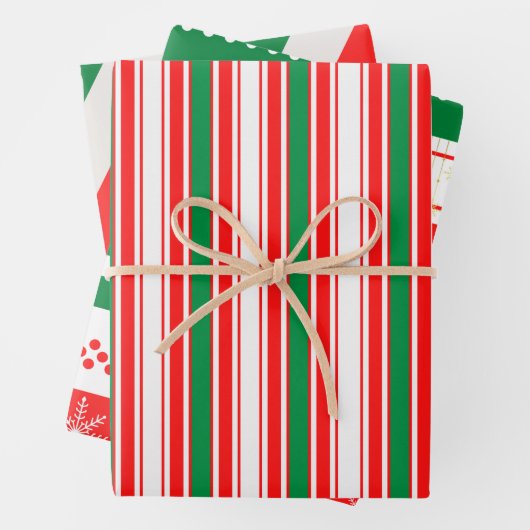 Rot-grüne Streifen und Goldstars Geschenkpapier Set (Beispiel)