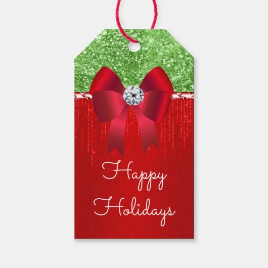 Rot-grüner Satin-Bogen Glitzer DIY Weihnachtswunsc Geschenkanhänger (Vorderseite)