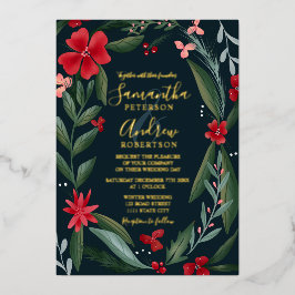 Rot-grünes Blumenmuster Hochzeit Folieneinladung