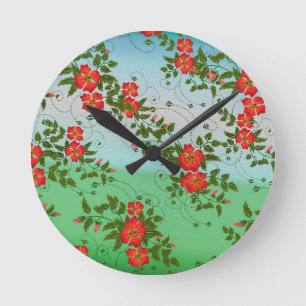 Rot-grünes Blumenmuster Runde Wanduhr