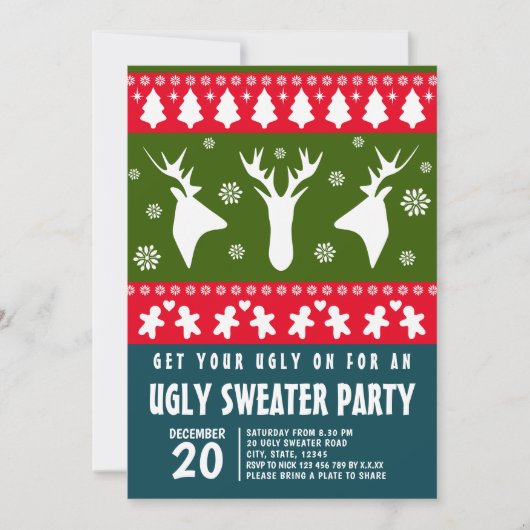 Rot-grünes Rentier-Ugly-Sweater-Party Einladung (Vorderseite)