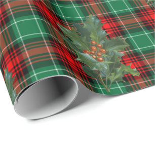 Rot-grünes Weihnachtskaromuster mit Stechpalme Geschenkpapier