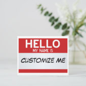 Rot Hallo mein Name ist ... Personalisierbar Postkarte (Stehend Vorderseite)