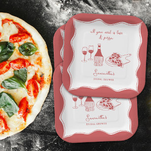 Rot handgezeichnete italienische Pizza Wein Jungge Pappteller