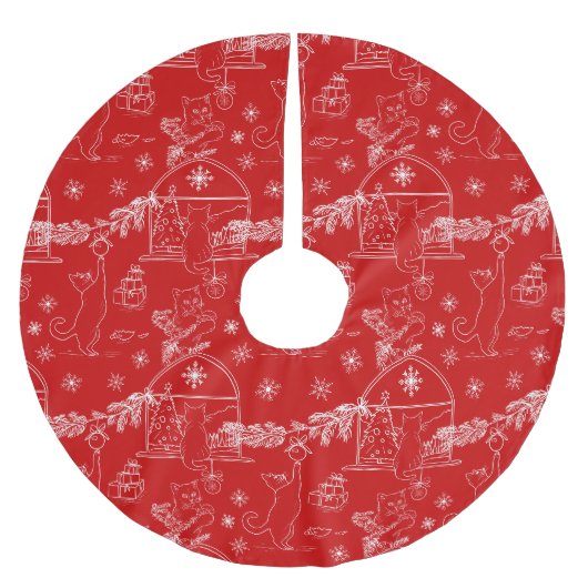 Rot handgezeichnete Katzen & Weihnachtsbaum Polyester Weihnachtsbaumdecke (Vorderseite)