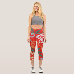 Rot-Hawaiianischer Kimono: Vintager Blumen Capri Leggings