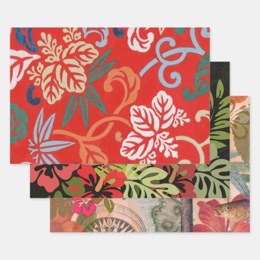 Rot-Hawaiianischer Kimono: Vintager Blumen Geschenkpapier Set (Set)