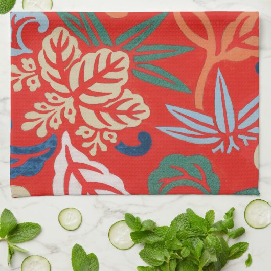 Rot-Hawaiianischer Kimono: Vintager Blumen Geschirrtuch (Gefaltet)