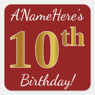 Rot, Imitat-Gold10. Geburtstag + Name-Aufkleber Quadratischer Aufkleber