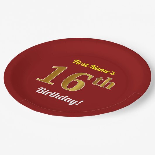 Rot, Imitat-Gold16. Geburtstag + Individueller Pappteller (Schrägansicht)