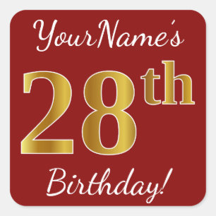 Rot, Imitat-Gold28. Geburtstag + Name-Aufkleber Quadratischer Aufkleber