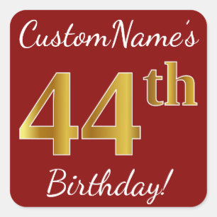 Rot, Imitat-Gold44. Geburtstag + Name-Aufkleber Quadratischer Aufkleber