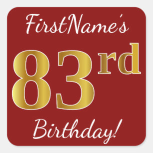 Rot, Imitat-Gold83. Geburtstag + Name-Aufkleber Quadratischer Aufkleber