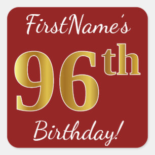 Rot, Imitat-Gold96. Geburtstag + Name-Aufkleber Quadratischer Aufkleber