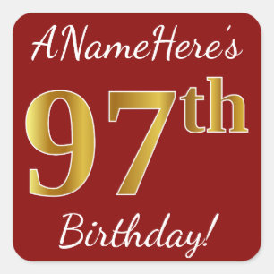 Rot, Imitat-Gold97. Geburtstag + Name-Aufkleber Quadratischer Aufkleber