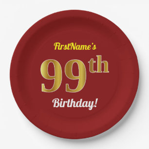 Rot, Imitat-Gold99. Geburtstag + Individueller Pappteller
