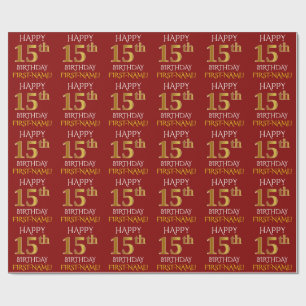 Rot, Imitat-Gold "GLÜCKLICHER 15. GEBURTSTAG " Geschenkpapier