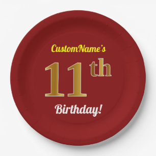 Rot, Imitate Gold 11. Geburtstag + Individuelle Na Pappteller