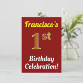 Rot, Imitate Gold 1 Geburtstag Feier + Name Einladung (Stehend Vorderseite)