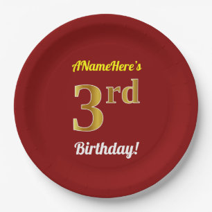 Rot, Imitate Gold 3. Geburtstag + Individuelle Nam Pappteller