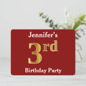 Rot, Imitate Gold 3. Geburtstag Party + Individuel Einladung (Stehend Vorderseite)