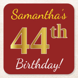 Rot, Imitate Gold 44. Geburtstag + Individuelle Na Rechteckiger Pappuntersetzer