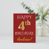 Rot, Imitate Gold 4. Geburtstag + Individuelle Nam Postkarte (Stehend Vorderseite)