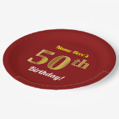 Rot, Imitate Gold 50. Geburtstag + Individuelle Na Pappteller (Schrägansicht)