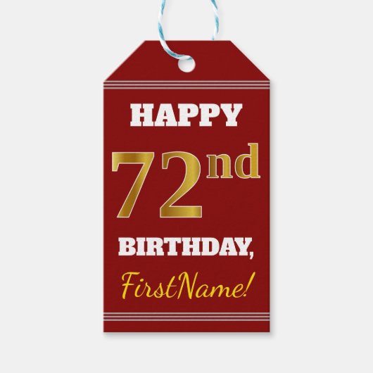Rot, Imitate Gold 72. Geburtstag + Individuelle Na Geschenkanhänger (Vorderseite)