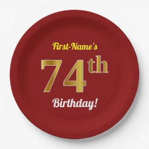 Rot, Imitate Gold 74. Geburtstag + Individuelle Na Pappteller