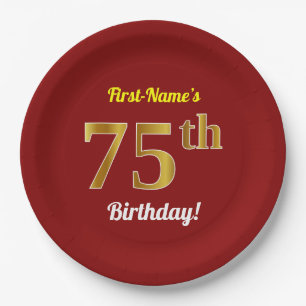 Rot, Imitate Gold 75. Geburtstag + Individuelle Na Pappteller