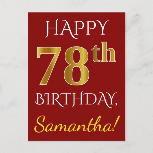 Rot, Imitate Gold 78. Geburtstag + Individuelle Na Postkarte (Vorderseite)