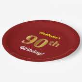 Rot, Imitate Gold 90. Geburtstag + Individuelle Na Pappteller (Schrägansicht)