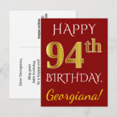 Rot, Imitate Gold 94. Geburtstag + Individuelle Na Postkarte (Vorne/Hinten)