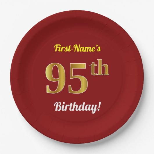 Rot, Imitate Gold 95. Geburtstag + Individuelle Na Pappteller (Vorderseite)